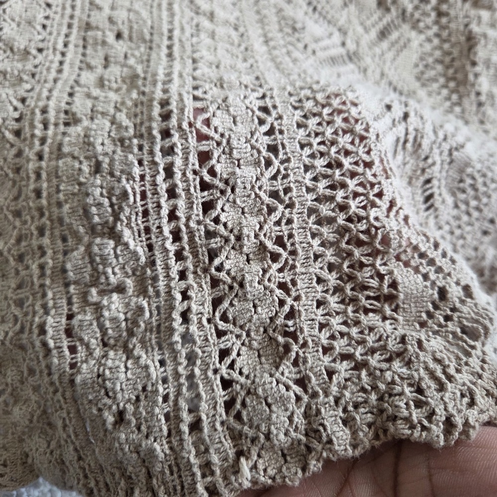 Mens Size Large Crochet Knit Cotton Shirt Colorblock Tan Cream Button Up Boho - Picture 5 of 7